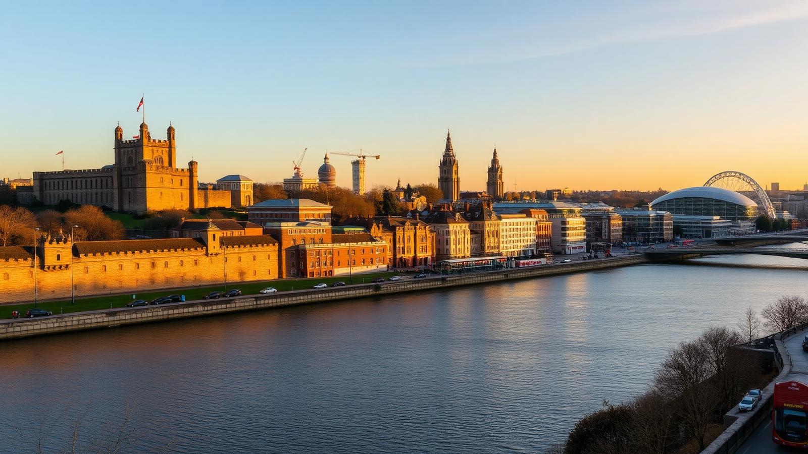 Cardiff skyline at golden hour with Cardiff Castle and the River Taff, South Wales