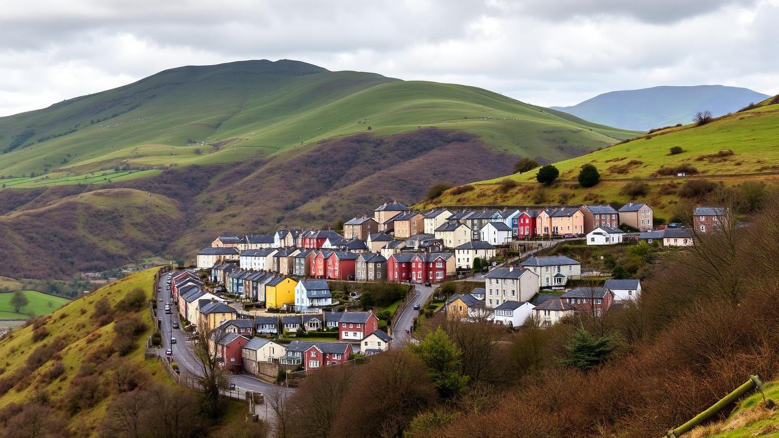 Maesteg valley town with terraced houses climbing the hillside, South Wales