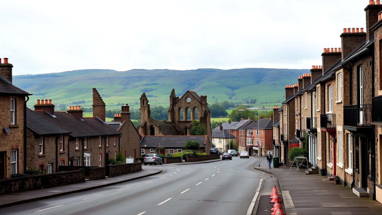 Neath town centre with Neath Abbey ruins and green Welsh valley hills, South Wales