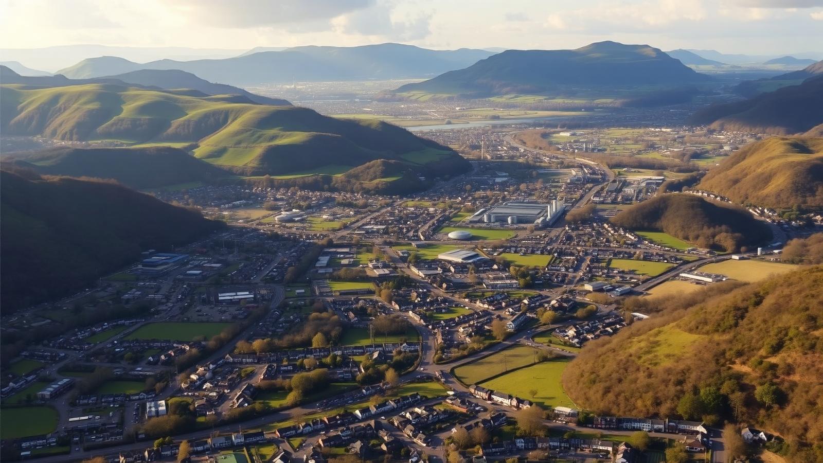 Aerial view of the Neath Port Talbot valley between green mountains, South Wales