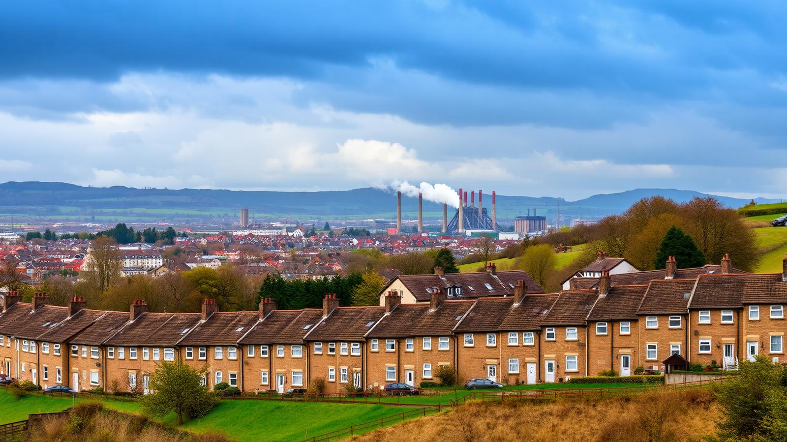 Port Talbot skyline with terraced houses and steelworks in the distance, South Wales