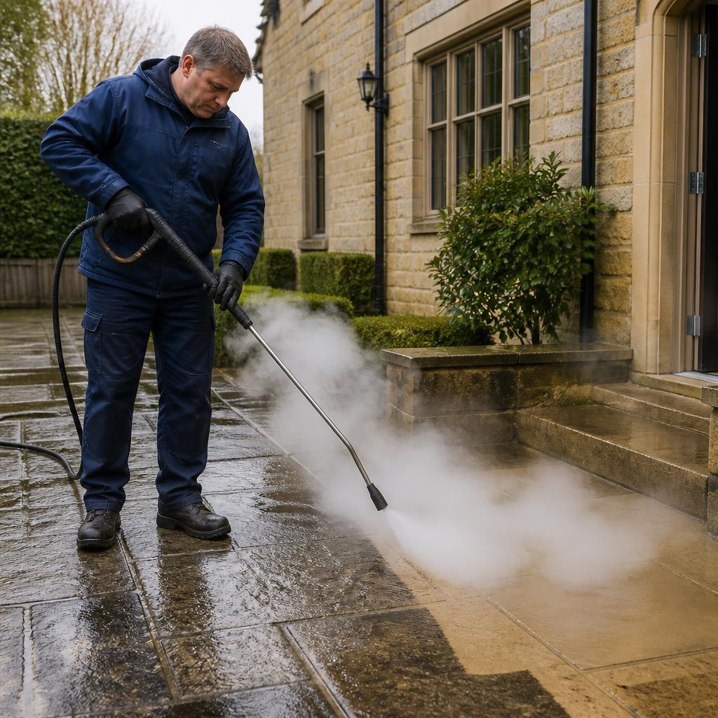 Industrial steam cleaning equipment lifting ingrained dirt from a stone patio in South Wales